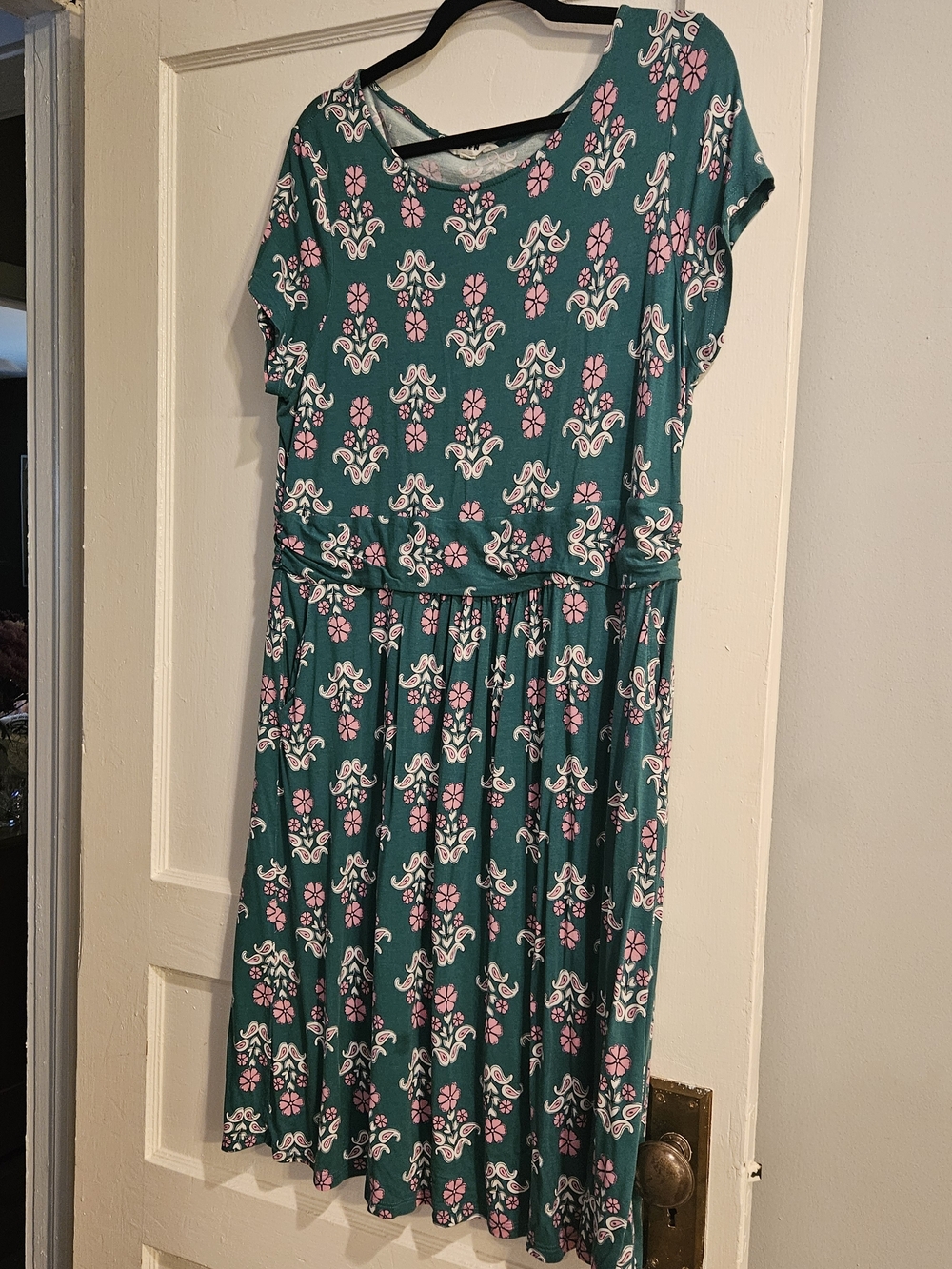 Women's Green Dress with Pink & White Floral Motif By Boden, Size 16/18